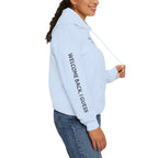 Overthinking Feels Like Home Hoodie — "Welcome Back, I Guess" Sleeve Text