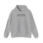 Overthinking Feels Like Home Hoodie — "Welcome Back, I Guess" Sleeve Text