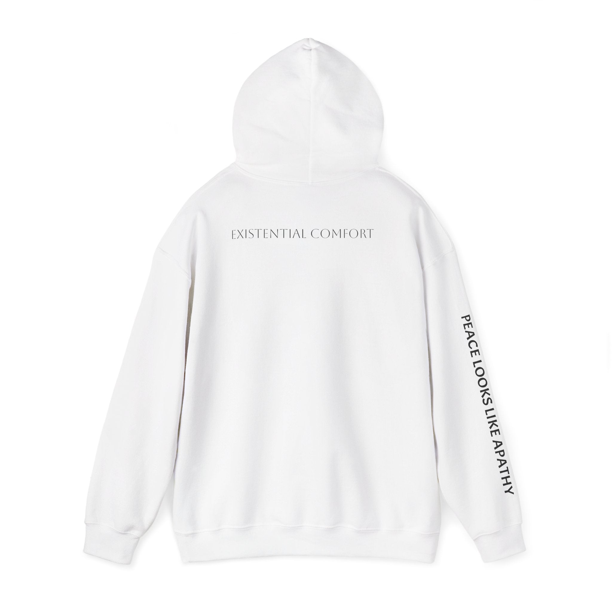 “Some Comfort Comes From Finally Not Caring” Hoodie — Minimalist White Graphic Hooded Sweatshirt