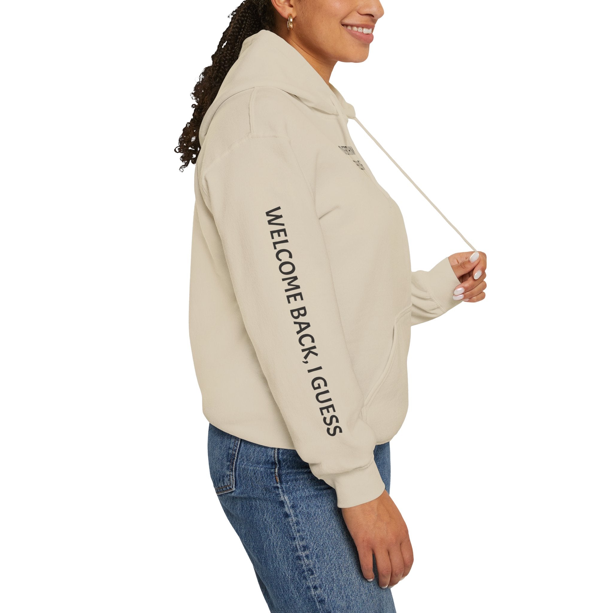 Overthinking Feels Like Home Hoodie — "Welcome Back, I Guess" Sleeve Text