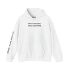 Overthinking Feels Like Home Hoodie — "Welcome Back, I Guess" Sleeve Text