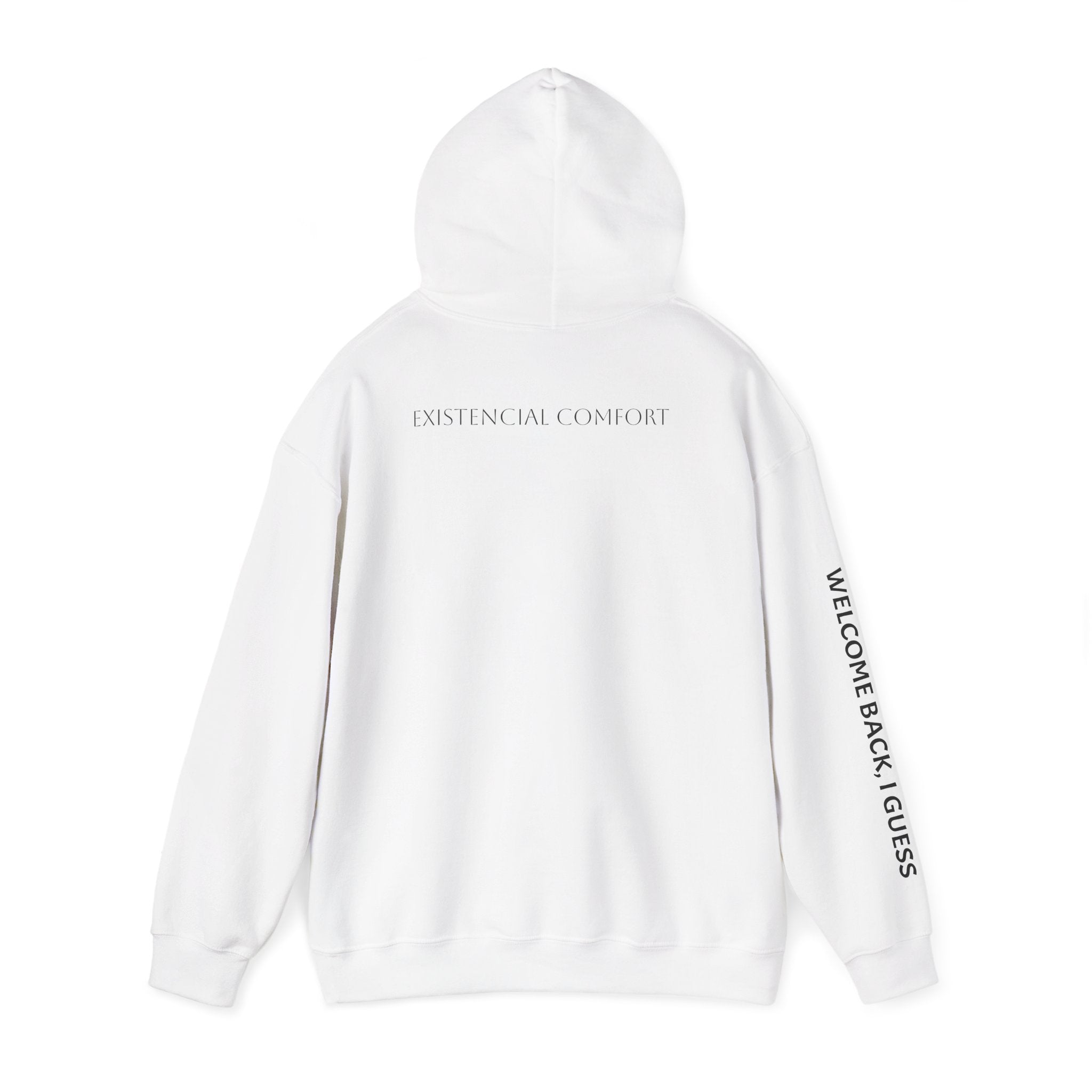 Overthinking Feels Like Home Hoodie — "Welcome Back, I Guess" Sleeve Text