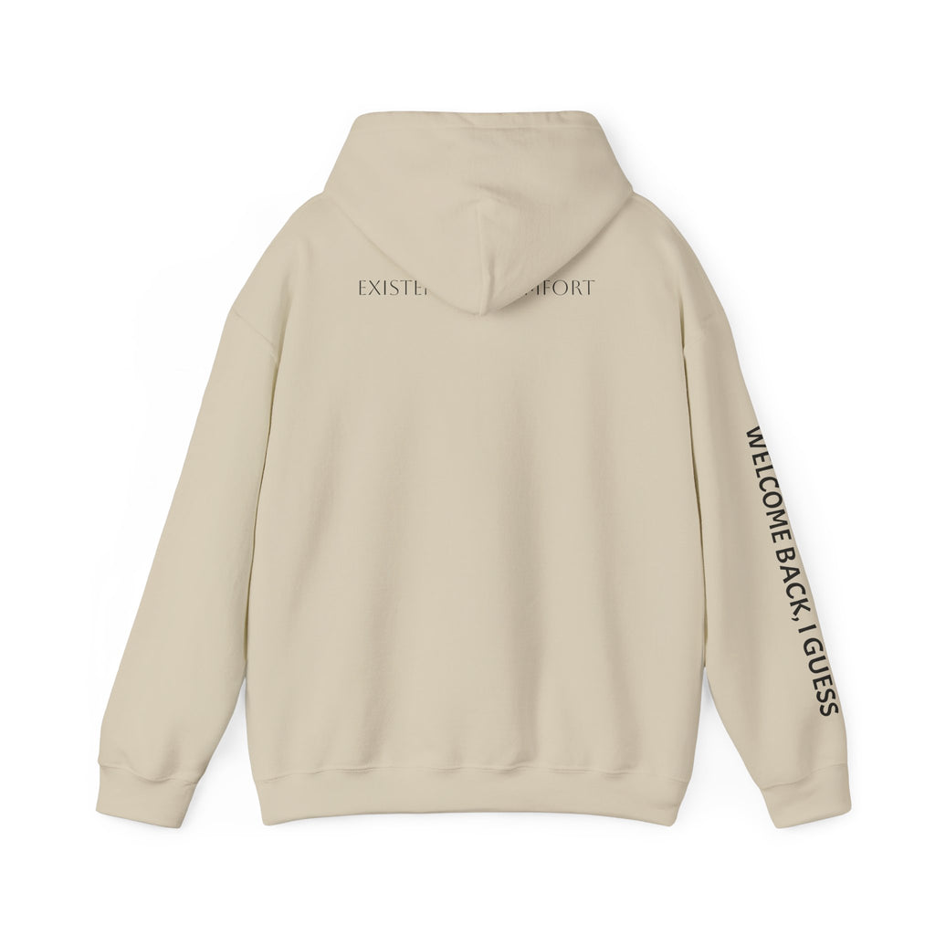 Overthinking Feels Like Home Hoodie — "Welcome Back, I Guess" Sleeve Text