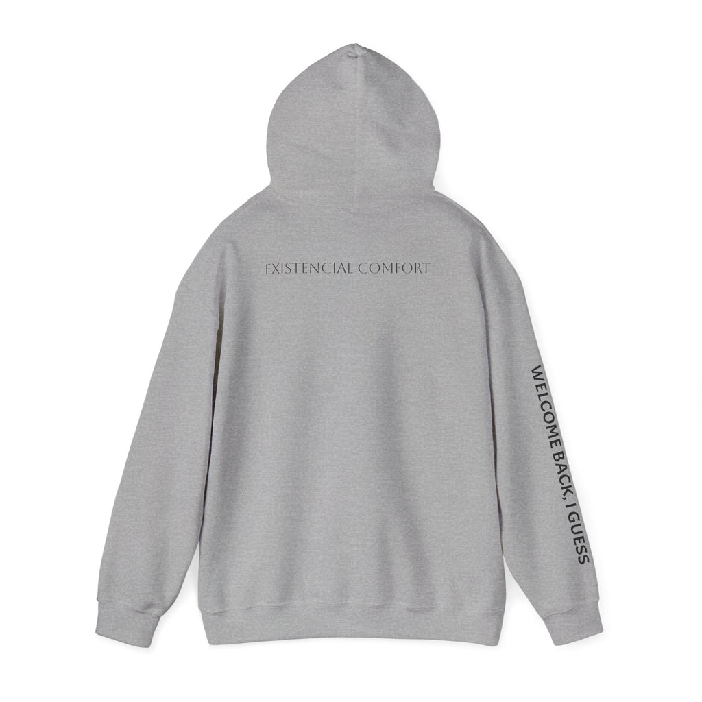 Overthinking Feels Like Home Hoodie — "Welcome Back, I Guess" Sleeve Text