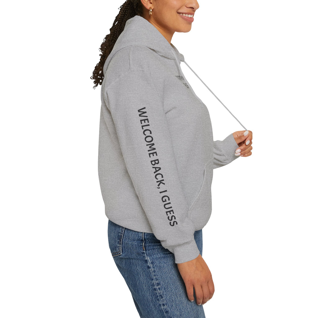 Overthinking Feels Like Home Hoodie — "Welcome Back, I Guess" Sleeve Text