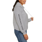 Overthinking Feels Like Home Hoodie — "Welcome Back, I Guess" Sleeve Text