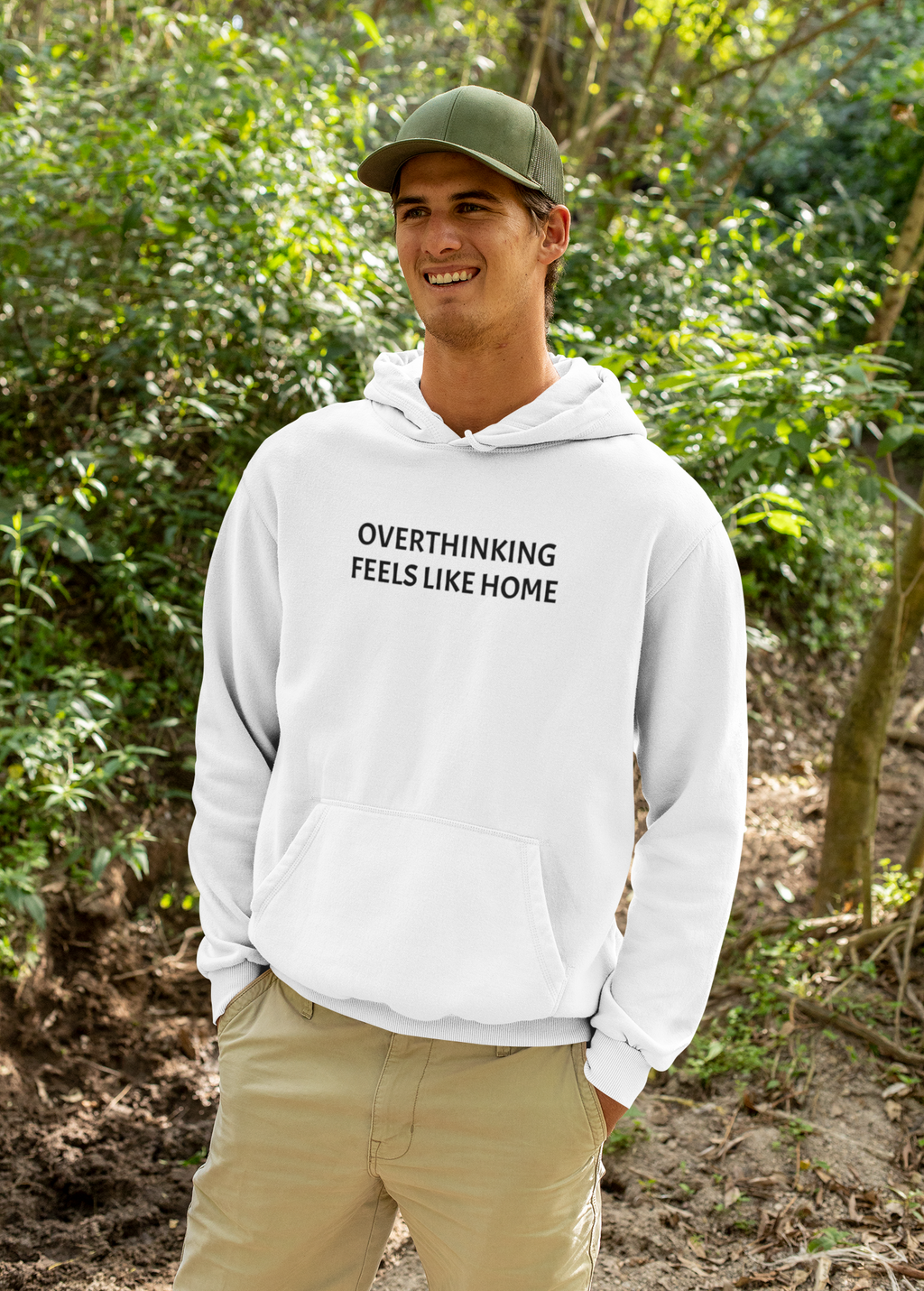 Overthinking Feels Like Home Hoodie — "Welcome Back, I Guess" Sleeve Text