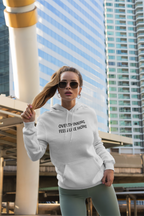 Overthinking Feels Like Home Hoodie — "Welcome Back, I Guess" Sleeve Text