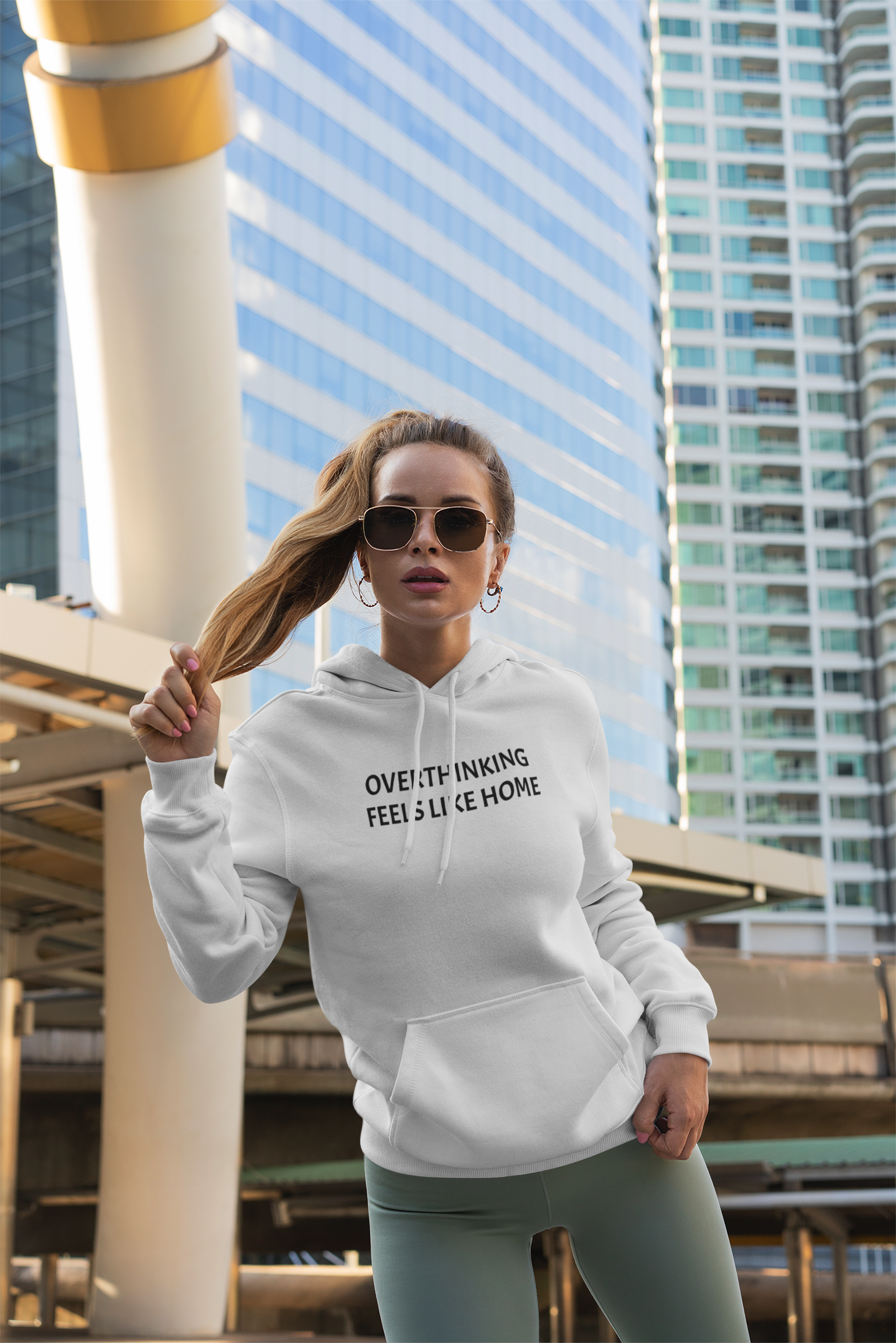Overthinking Feels Like Home Hoodie — "Welcome Back, I Guess" Sleeve Text