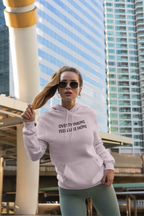 Overthinking Feels Like Home Hoodie — "Welcome Back, I Guess" Sleeve Text