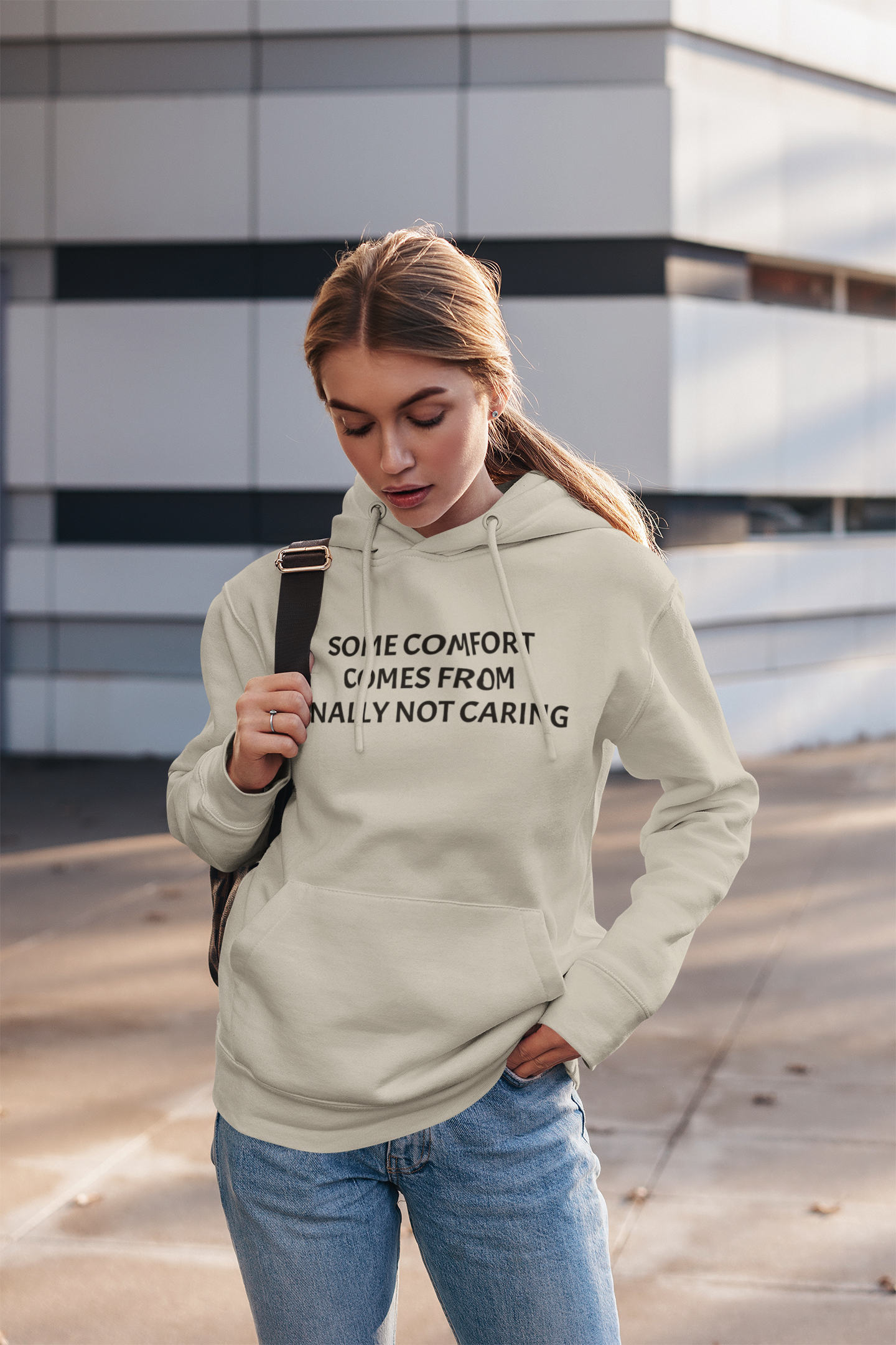 “Some Comfort Comes From Finally Not Caring” Hoodie — Minimalist White Graphic Hooded Sweatshirt