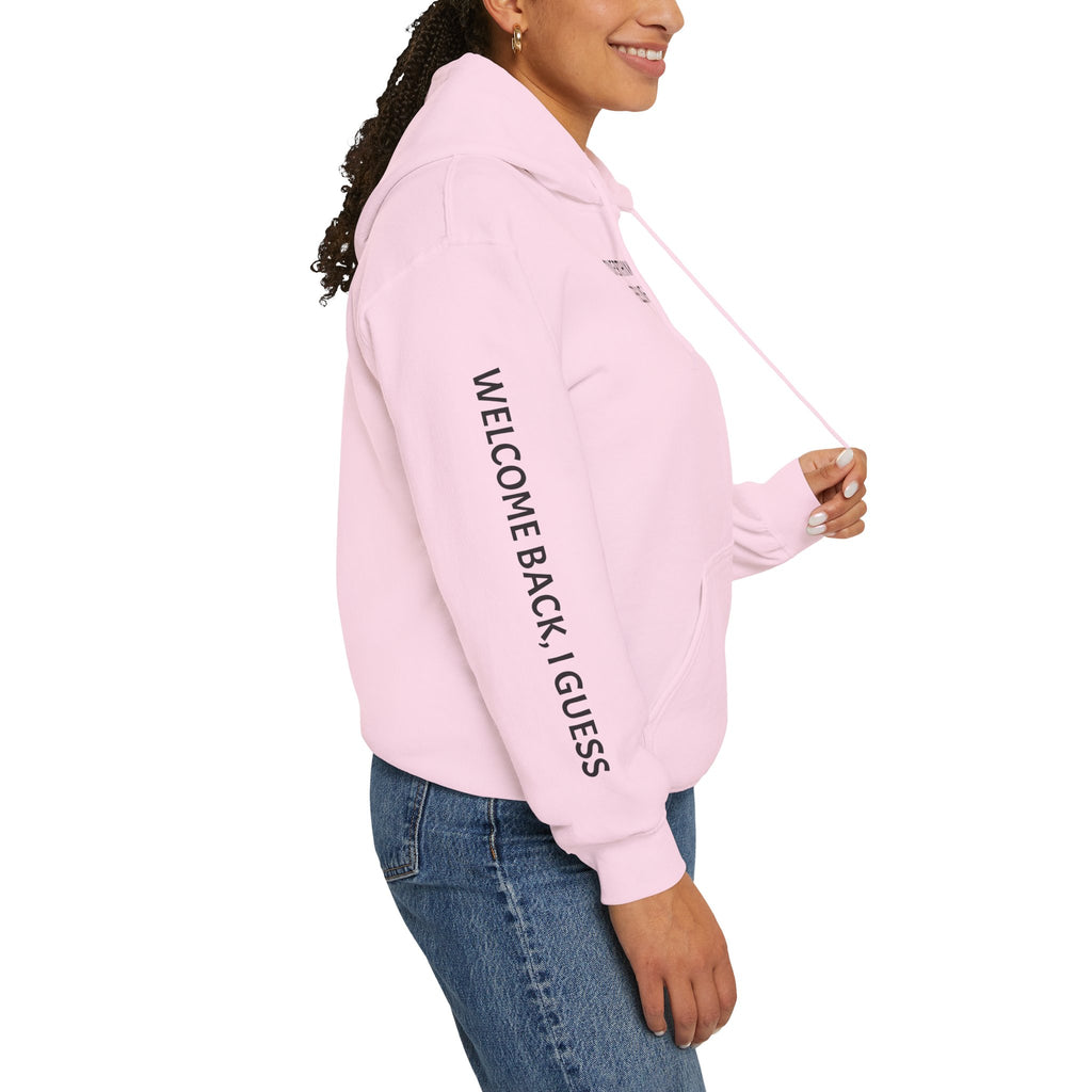 Overthinking Feels Like Home Hoodie — "Welcome Back, I Guess" Sleeve Text