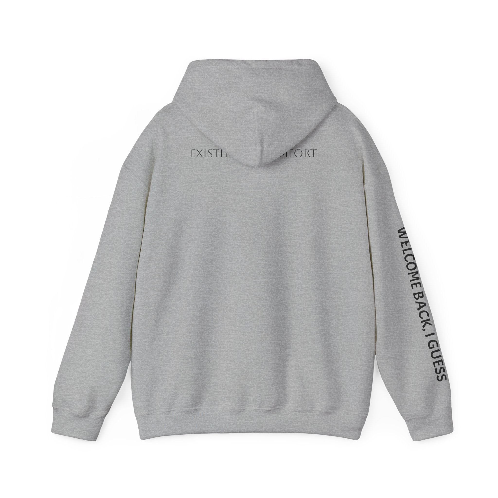 Overthinking Feels Like Home Hoodie — "Welcome Back, I Guess" Sleeve Text