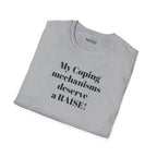 T-Shirt — “My Coping Mechanisms Deserve a RAISE!” Minimal Mental Health Statement Tee