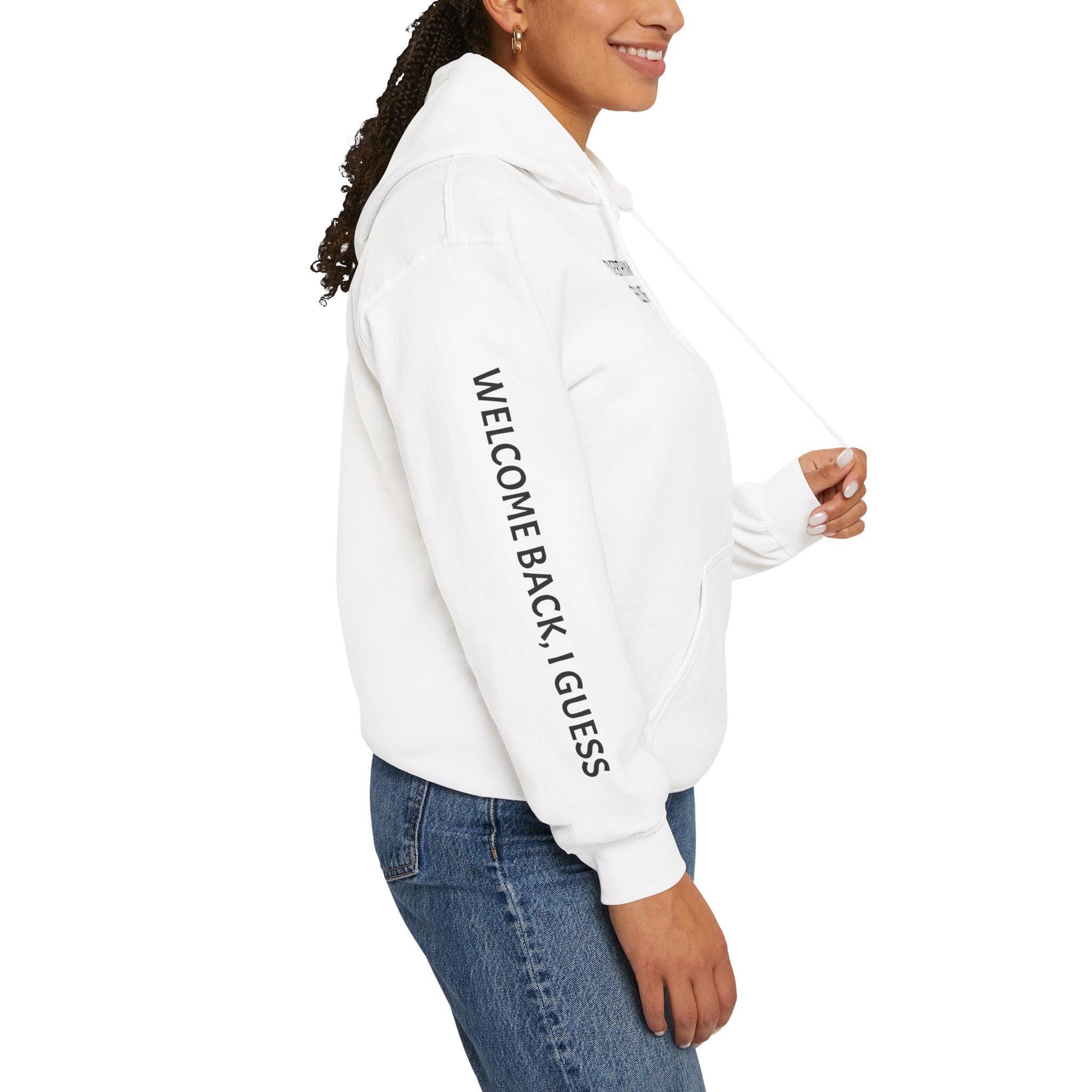 Overthinking Feels Like Home Hoodie — "Welcome Back, I Guess" Sleeve Text