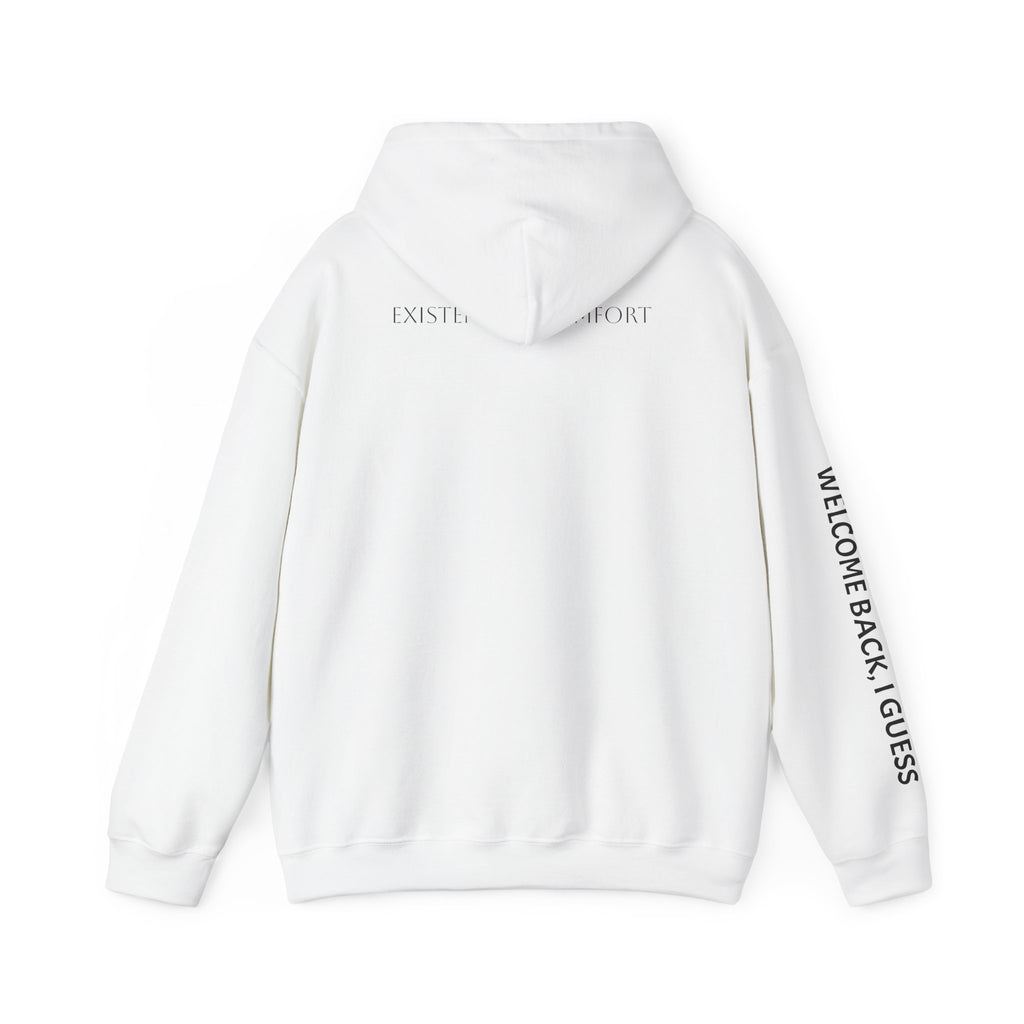 Overthinking Feels Like Home Hoodie — "Welcome Back, I Guess" Sleeve Text